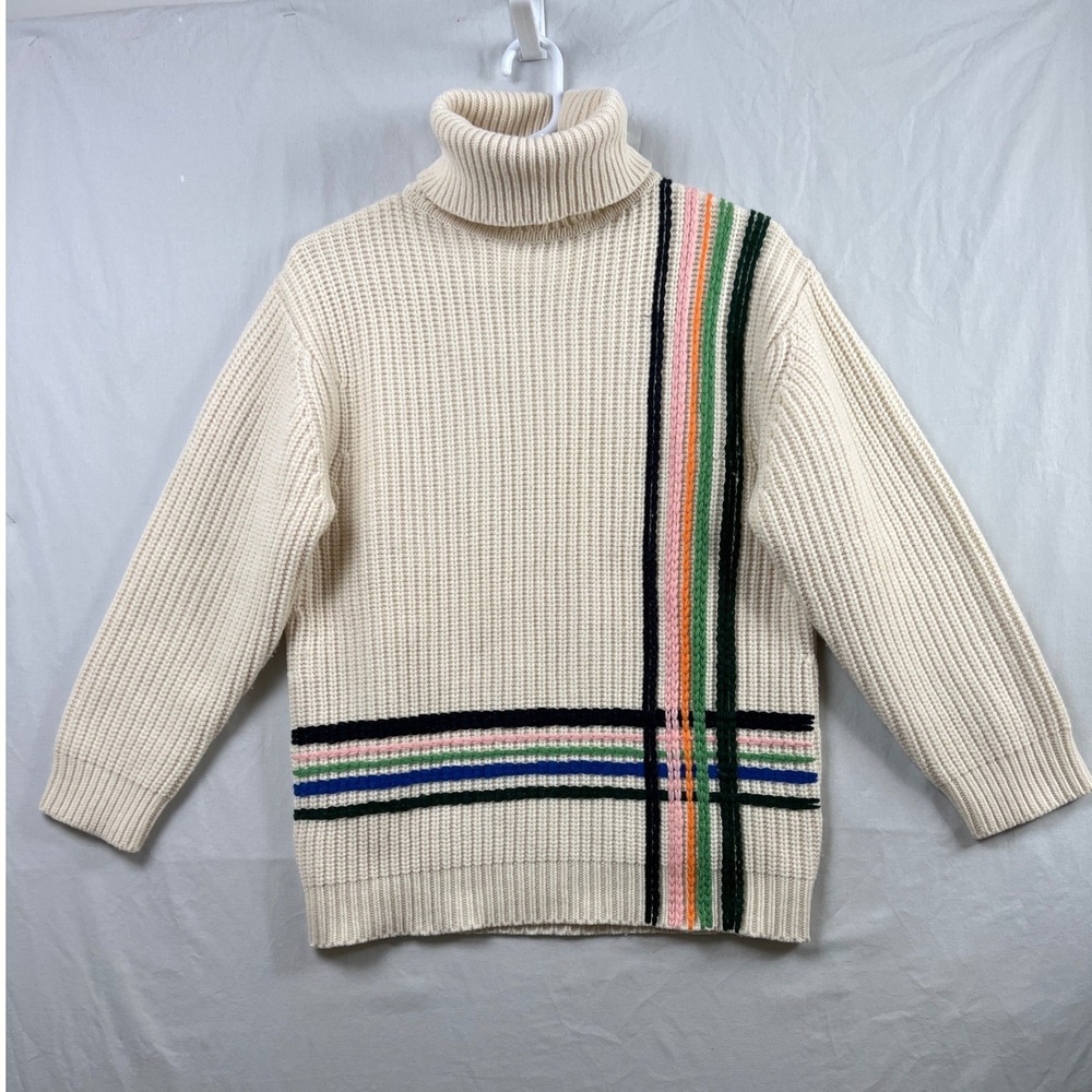 Tory Sport Turtleneck Sweater Womens S Cream Multi Stripe 100% Merino Wool
